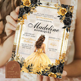 Invitación Royal Ballroom Black and Gold Quinceanera