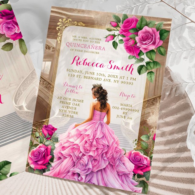 Invitación Royal Ballroom Pink Fuschia Floral Quinceañera (Subido por el creador)
