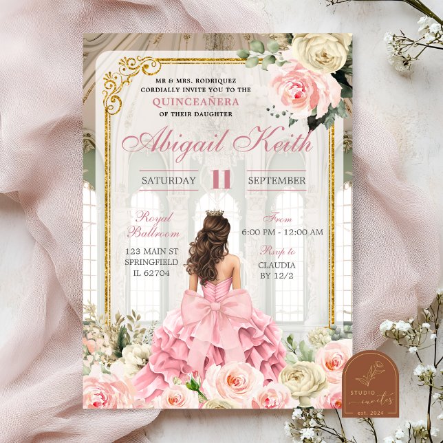 Invitación Royal Ballroom Rosa Gold Bow Coquette Quinceanera (Subido por el creador)