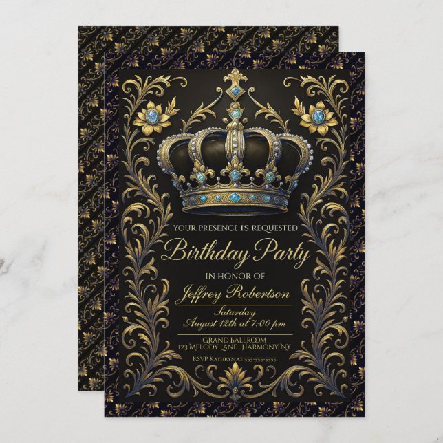 Invitación Royal Birthday Party Crown Ornate Invitation (Anverso / Reverso)