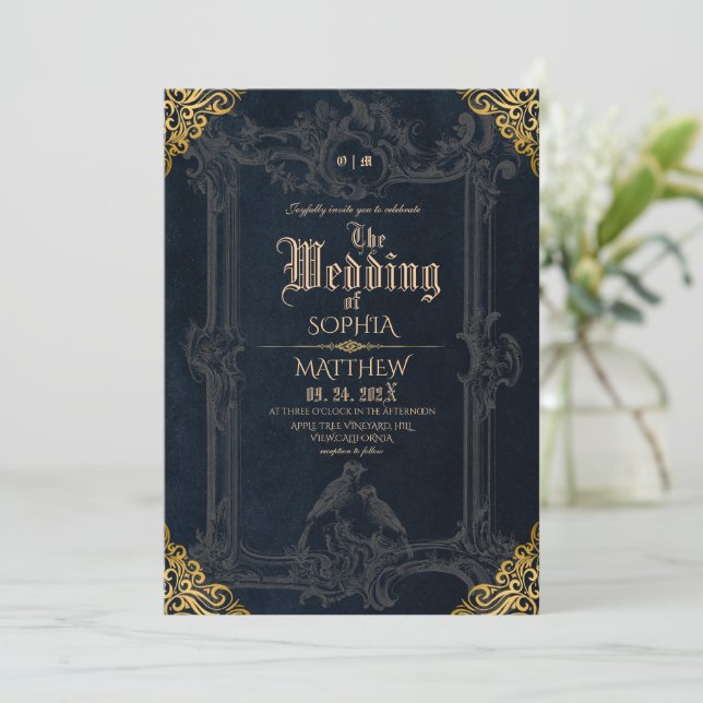 Invitación Royal Black Gold Fantasy Medieval Wedding  (Anverso de pie)