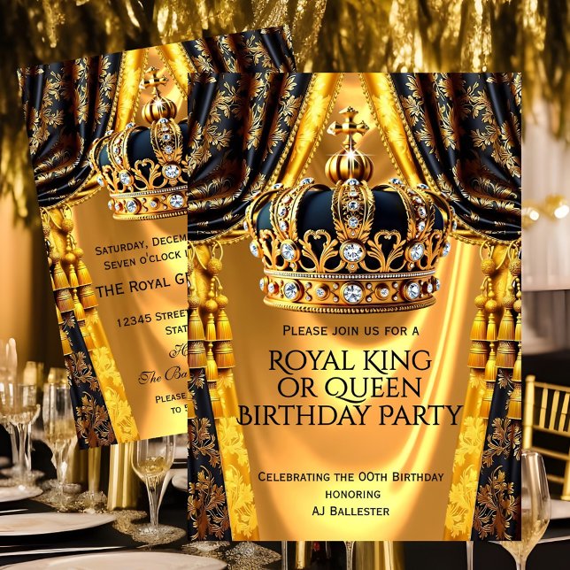 Invitación Royal Black Gold King Queen Crown Birthday Party (Subido por el creador)
