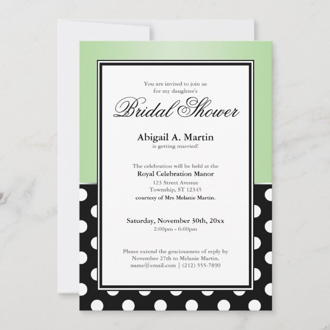 Invitación Royal Black Polka Dot Green Bridal Shower (Anverso)