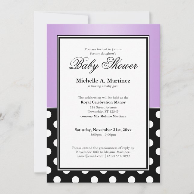 Invitación Royal Black Polka Dot Purple Baby Shower (Anverso)