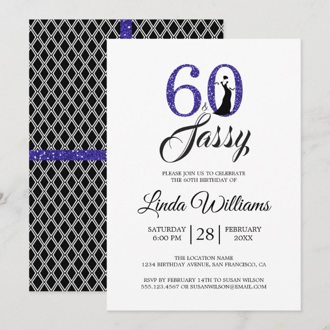 Invitación Royal Blue 60 y Sassy | 60.ª fiesta de cumpleaños (Anverso / Reverso)