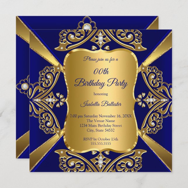 Invitación Royal Blue Add Age Birday Party Gold Diamond (Anverso / Reverso)