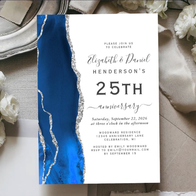 Invitación Royal Blue Agate Silver 25th Anniversary (Subido por el creador)