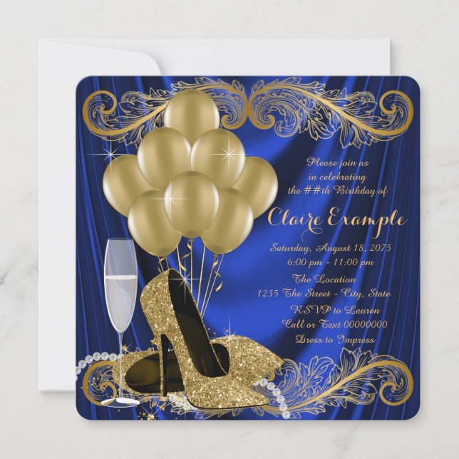 Invitación Royal Blue and Gold Birday Party Satin Glam (Anverso)