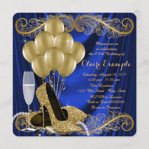 Invitación Royal Blue and Gold Birday Party Satin Glam