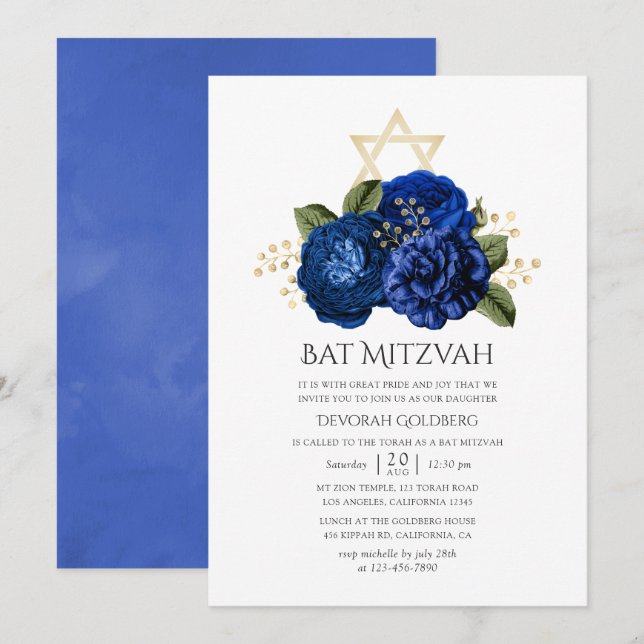 Invitación Royal Blue and Gold Floral Bat Mitzvah (Anverso / Reverso)