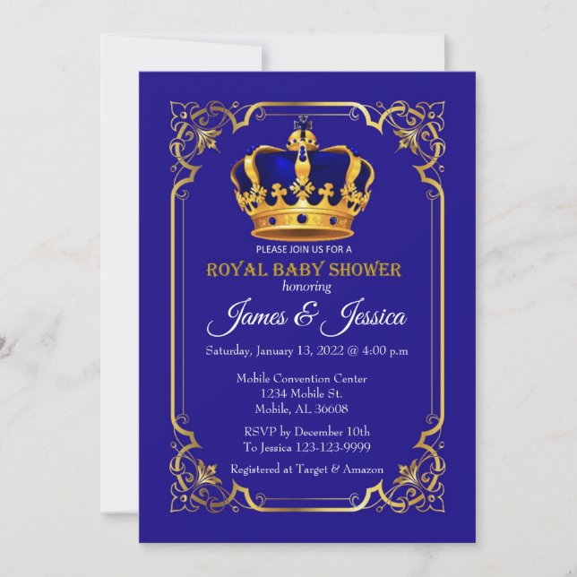 Invitación Royal Blue and Gold Prince Baby Shower (Anverso)