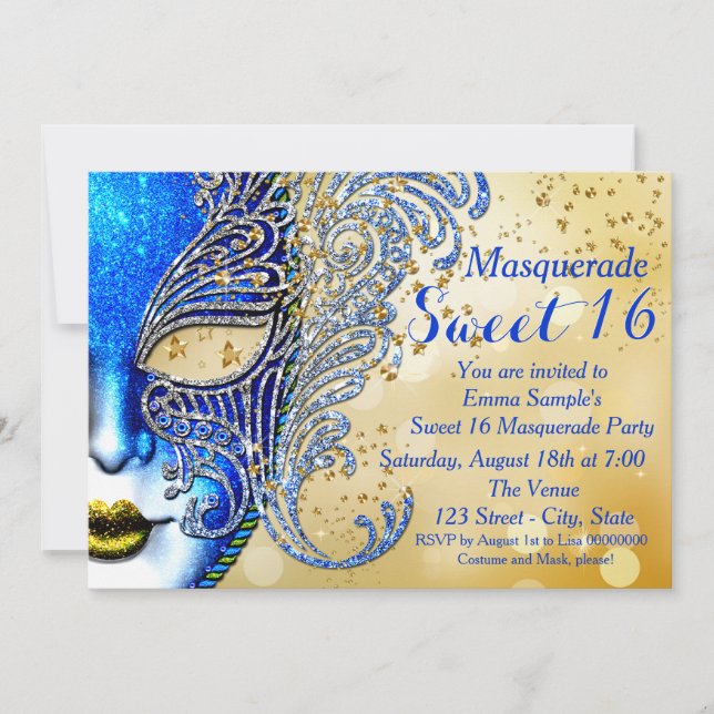 Invitación Royal Blue and Gold Sweet 16 Masquerade Fiesta (Anverso)
