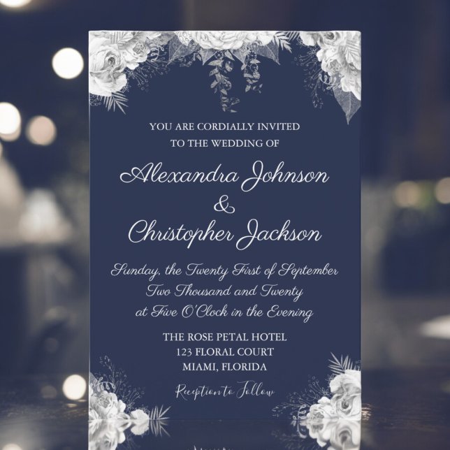 Invitación Royal Blue and Pearl White Floral Boda (Subido por el creador)