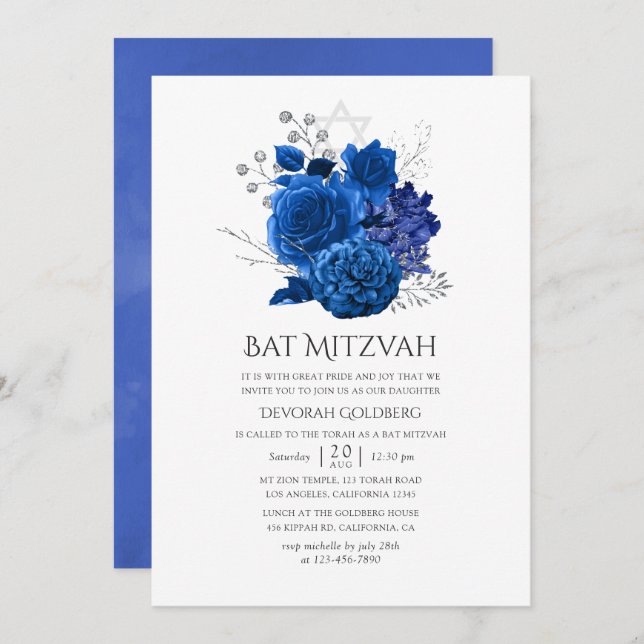Invitación Royal Blue and Silver Floral Bat Mitzvah (Anverso / Reverso)