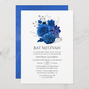 Invitación Royal Blue and Silver Floral Bat Mitzvah