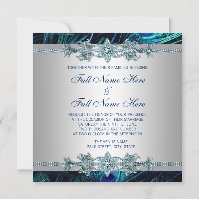 Invitación Royal Blue and Silver Royal Indian Peacock Boda (Anverso)