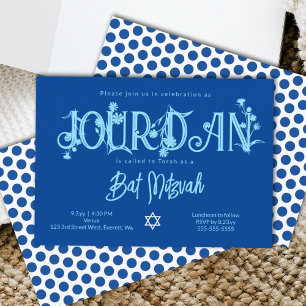 Invitación Royal Blue Bat Mitzvah Floral, puntos de Polka