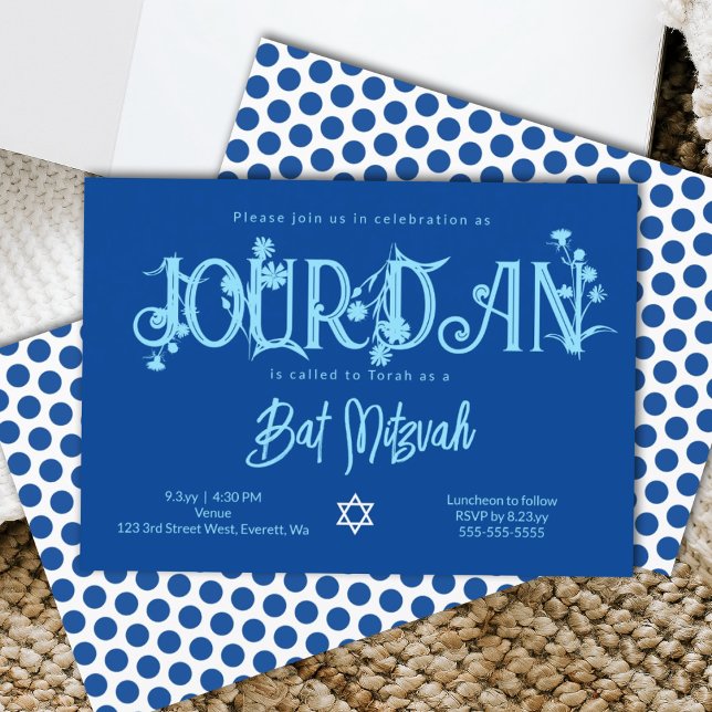 Invitación Royal Blue Bat Mitzvah Floral, puntos de Polka (royal blue floral bat mitzvah invitation typographical letters word art wild flowers floral spring )