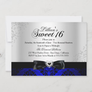 Invitación Royal Blue Black Damask Sparkle Sweet 1