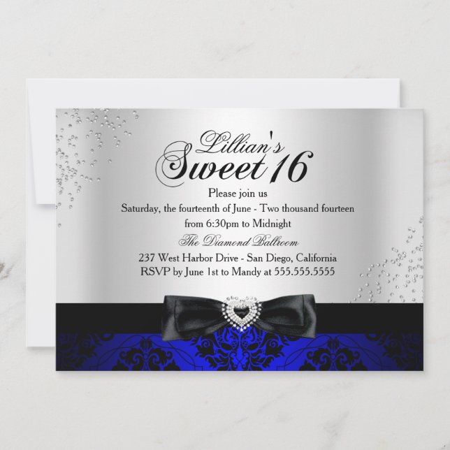 Invitación Royal Blue Black Damask Sparkle Sweet 1 (Anverso)