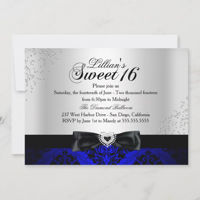 Invitación Royal Blue Black Damask Sparkle Sweet 16 Invite (Anverso)
