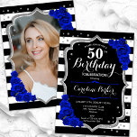 Invitación Royal Blue Black Silver foto 50 cumpleaños<br><div class="desc">Elegante invitación de 50 años floral femenina con tu foto al fondo de la tarjeta. Diseño azul real de color blanco brillante con una falsa plata purpurina. Presenta rayas blancas y negras, rosas azules de zafiro, fuente de guión y confeti. Perfecto para un elegante fiesta de celebración de cumpleaños. Personaliza...</div>