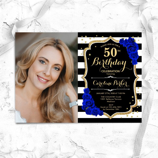 Invitación Royal Blue Black Stripes Foto 50 cumpleaños (Subido por el creador)