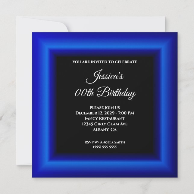 Invitación Royal Blue Border y Black Any Year Birday (Anverso)