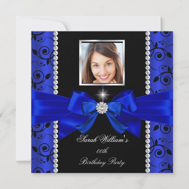 Invitación Royal Blue Bow Damask fiesta de cumpleaños Silver  (Anverso)