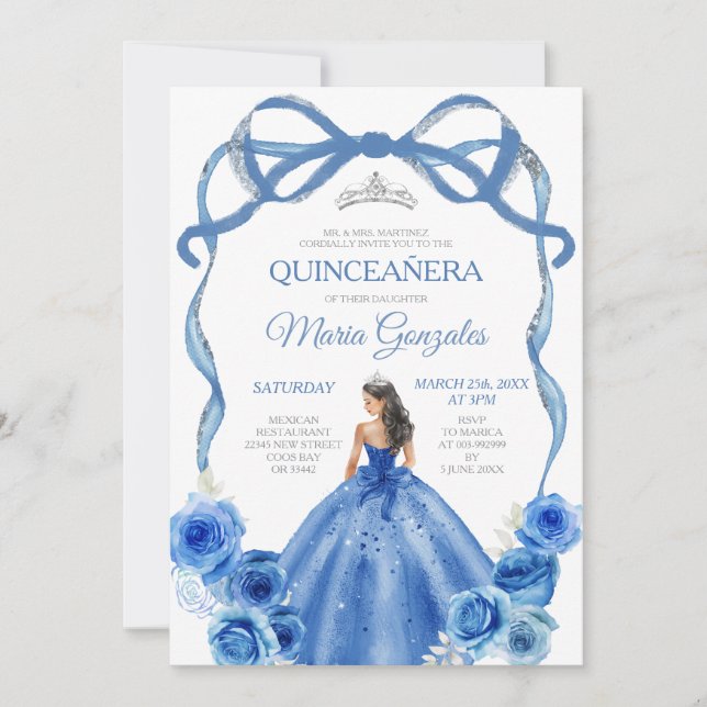 Invitación Royal Blue Bow Princess Silver Crown Quinceañera (Anverso)