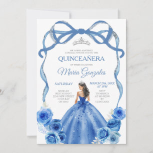 Invitación Royal Blue Bow Princess Silver Crown Quinceañera