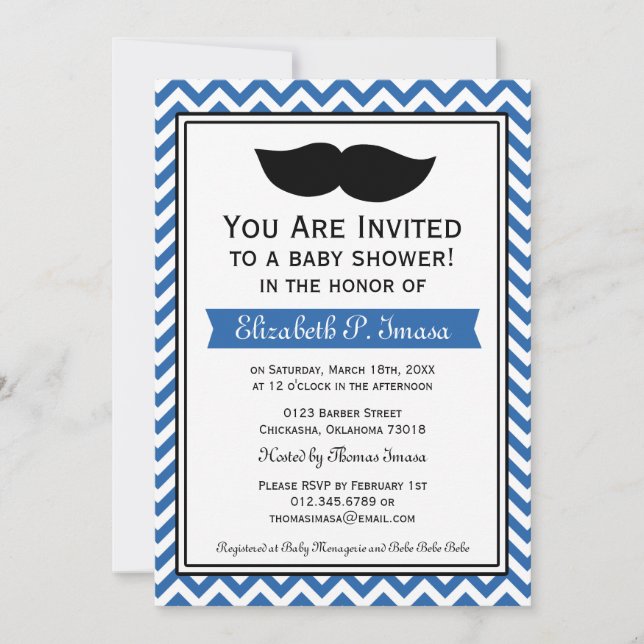 Invitación Royal Blue Boy Mustache Chevron Baby Shower (Anverso)