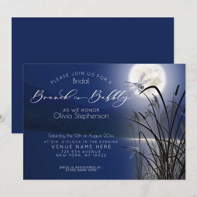 Invitación Royal Blue Brunch Bubbly Flagón de luna llena (Anverso / Reverso)