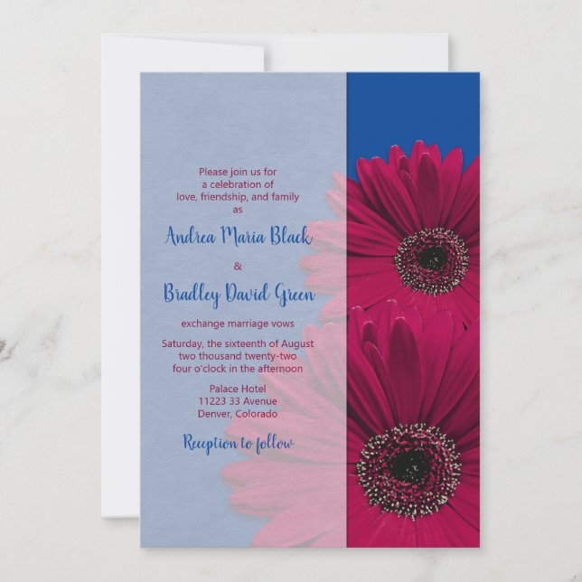 Invitación Royal Blue Burgundy Gerbera Daisy Boda (Anverso)