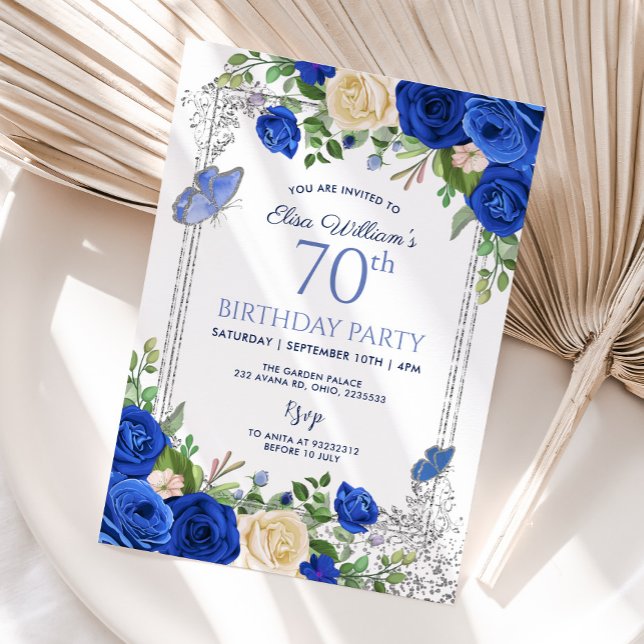 Invitación Royal Blue Butterfly Garden Fiesta 80 cumpleaños (Subido por el creador)