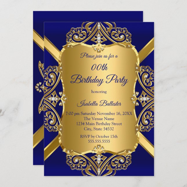 Invitación Royal Blue Cualquier Edad Fiesta de Aniversario de (Anverso / Reverso)