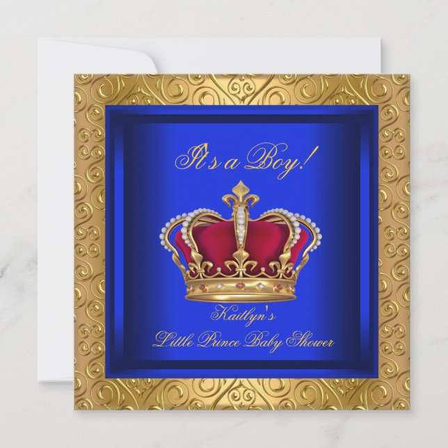 Invitación Royal Blue Damask Gold Baby Shower Boy (Anverso)