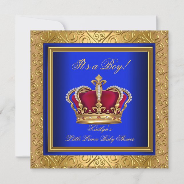 Invitación Royal Blue Damask Gold Baby Shower Boy Regal (Anverso)