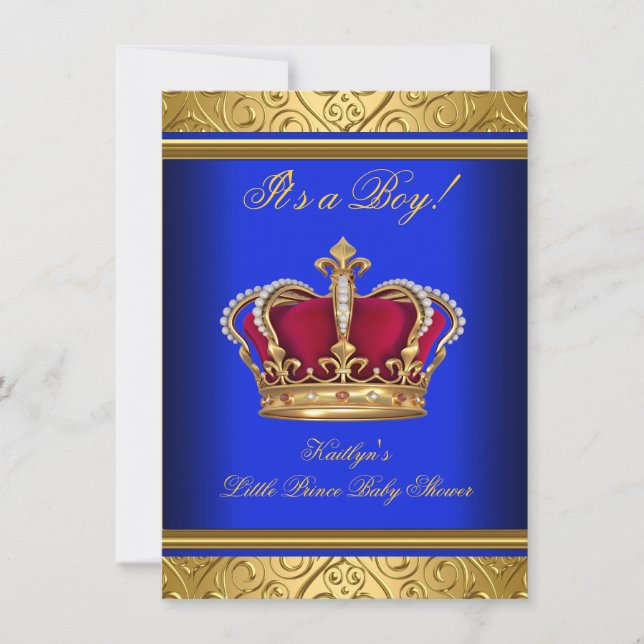 Invitación Royal Blue Damask Gold Baby Shower Boy Regal (Anverso)