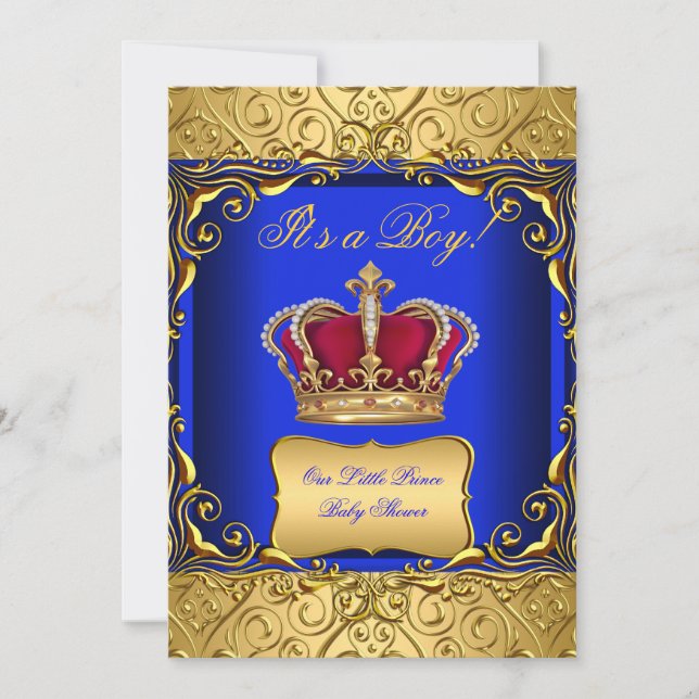 Invitación Royal Blue Damask Gold Crown Baby Shower Boy (Anverso)