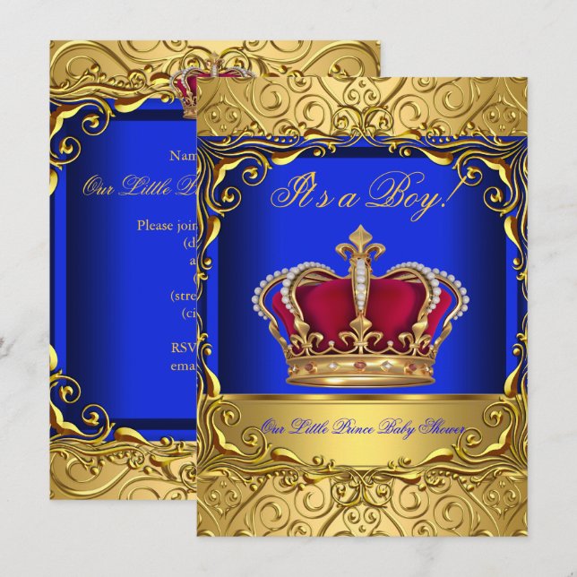 Invitación Royal Blue Damask Gold Crown Baby Shower Boy 4 (Anverso / Reverso)