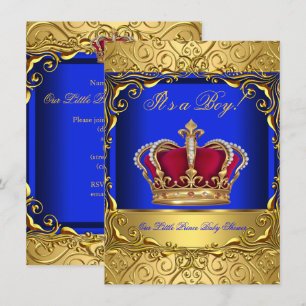 Invitación Royal Blue Damask Gold Crown Baby Shower Boy 4