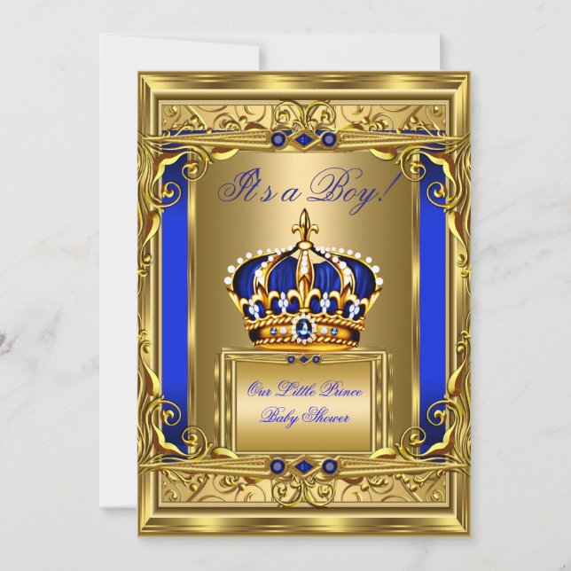 Invitación Royal Blue Damask Gold Crown Baby Shower Boy bg4 (Anverso)