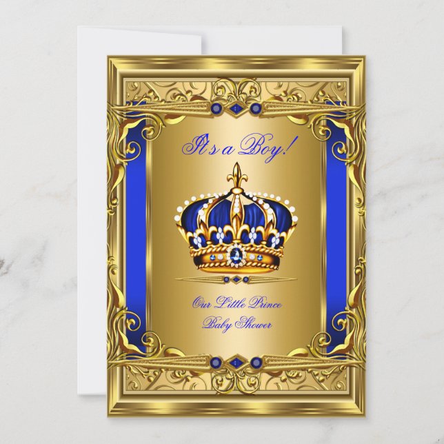 Invitación Royal Blue Damask Gold Crown Baby Shower Boy bg5 (Anverso)