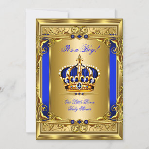 Invitación Royal Blue Damask Gold Crown Baby Shower Boy bg5