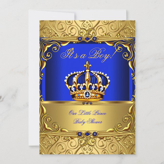 Invitación Royal Blue Damask Gold Crown Baby Shower Boy bs (Anverso)