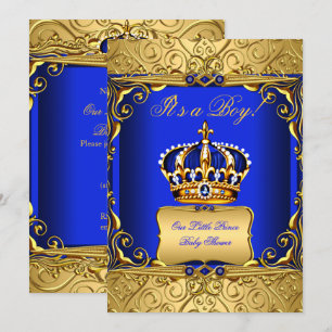 Invitación Royal Blue Damask Gold Crown Baby Shower Boy bs2
