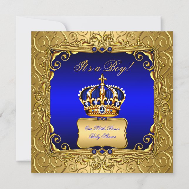 Invitación Royal Blue Damask Gold Crown Baby Shower Boy bs4 (Anverso)