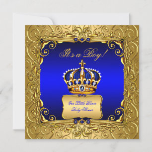 Invitación Royal Blue Damask Gold Crown Baby Shower Boy bs4