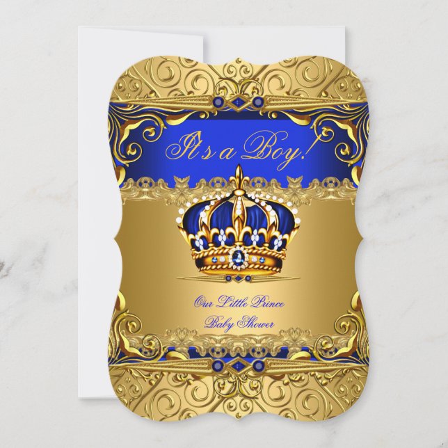 Invitación Royal Blue Damask Gold Crown Baby Shower Boy bs5 (Anverso)